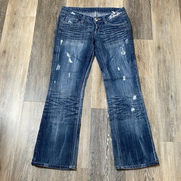 AJ ARMANI JEANS Men's Designer Distressed Boot Cut Denim Blue Jeans - Picture 2 of 7